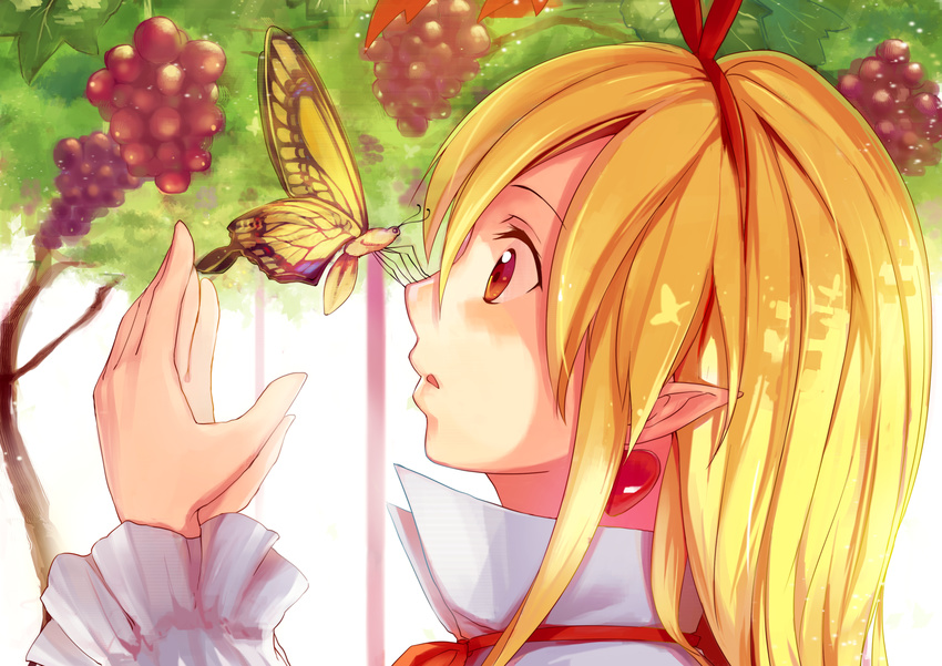 blonde_hair blush bug butterfly disgaea earrings flonne food fruit grapes hairband highres insect jewelry kamome_yuu long_hair pointy_ears red_eyes solo