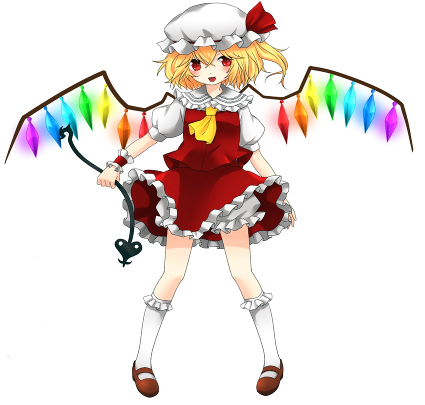 ascot bad_id bad_pixiv_id blonde_hair bloomers fang flandre_scarlet full_body hat hat_ribbon highres kneehighs laevatein looking_at_viewer mary_janes mob_cap open_mouth pigeon-toed puffy_short_sleeves puffy_sleeves red_eyes ribbon shoes short_hair short_sleeves side_ponytail simple_background skirt skirt_set solo touhou underwear white_background wings wrist_cuffs yuka_yukiusa