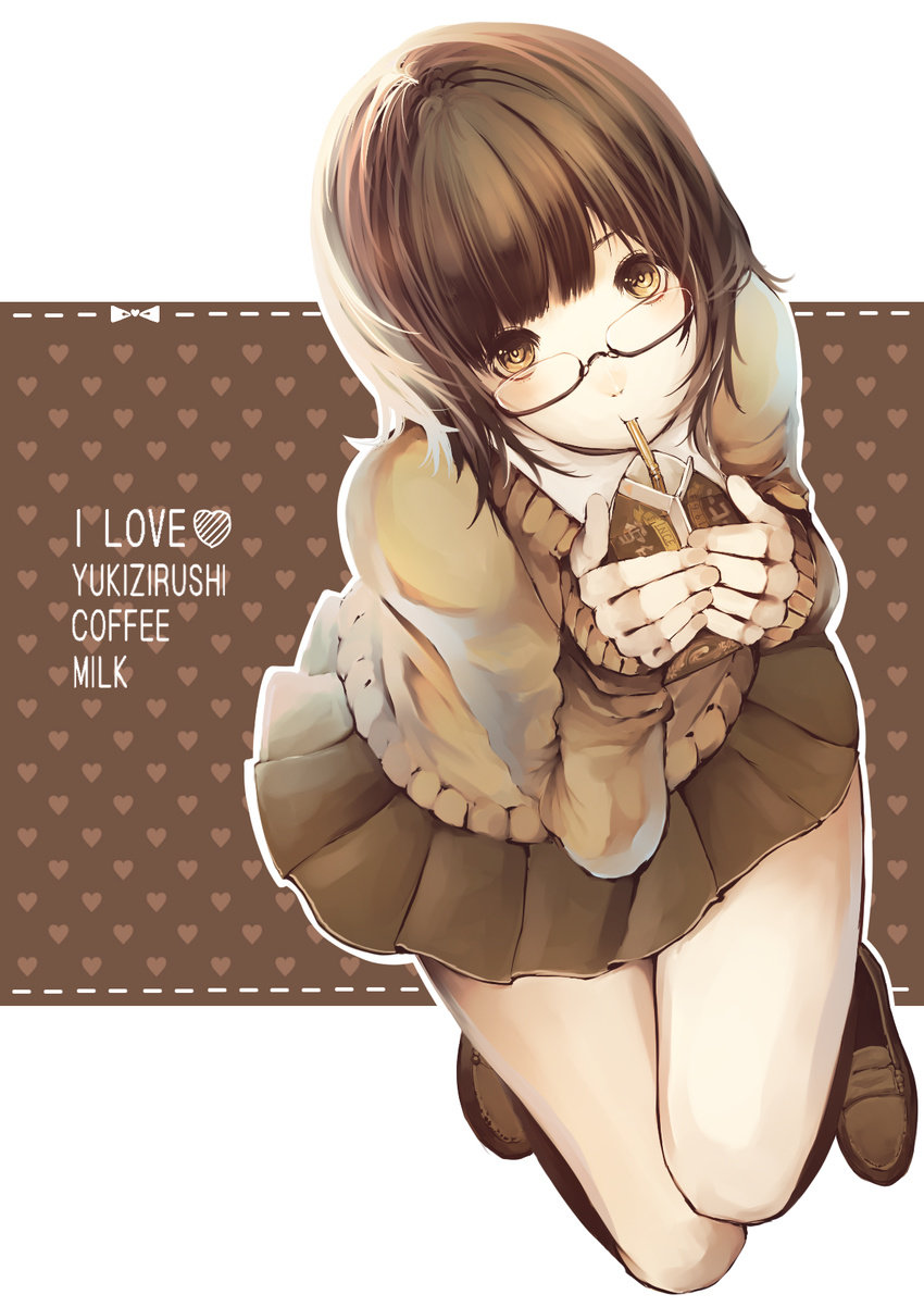 bad_id bad_pixiv_id brown_eyes brown_hair carton coffee drinking drinking_straw glasses highres kneehighs loafers ryota_(ry_o_ta) shoes short_hair skirt solo sweater yukico-tan yukijirushi