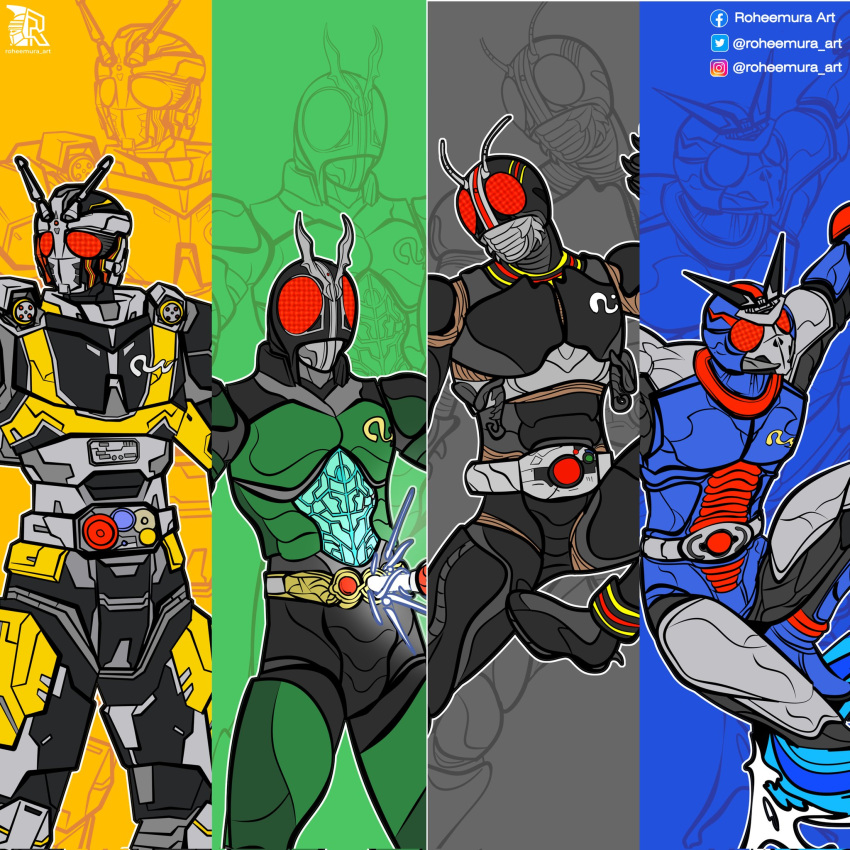 4boys armor artist_name biorider black_armor blue_armor blue_background commentary compound_eyes english_commentary facebook_username green_armor green_background grey_background helmet highres indonesian_commentary instagram_username kamen_rider kamen_rider_black kamen_rider_black_(series) kamen_rider_black_rx kamen_rider_black_rx_(series) mixed-language_commentary multilingual_commentary multiple_boys multiple_persona roborider roheemura_art tokusatsu twitter_username yellow_armor yellow_background zoom_layer