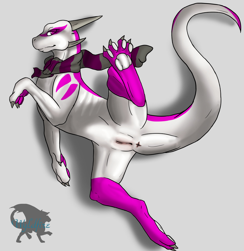 akira akira_(dragon) anus claws digitigrade dragon female feral hi_res hindpaw horn laying_on_side looking_at_viewer lying nude on_side pawpads paws pink pink_body pink_eyes pink_markings plain_background presenting pussy raised_leg scalie scarf soles solo spread_legs spreading suggestive toes white white_body wyldfire wyldfire7