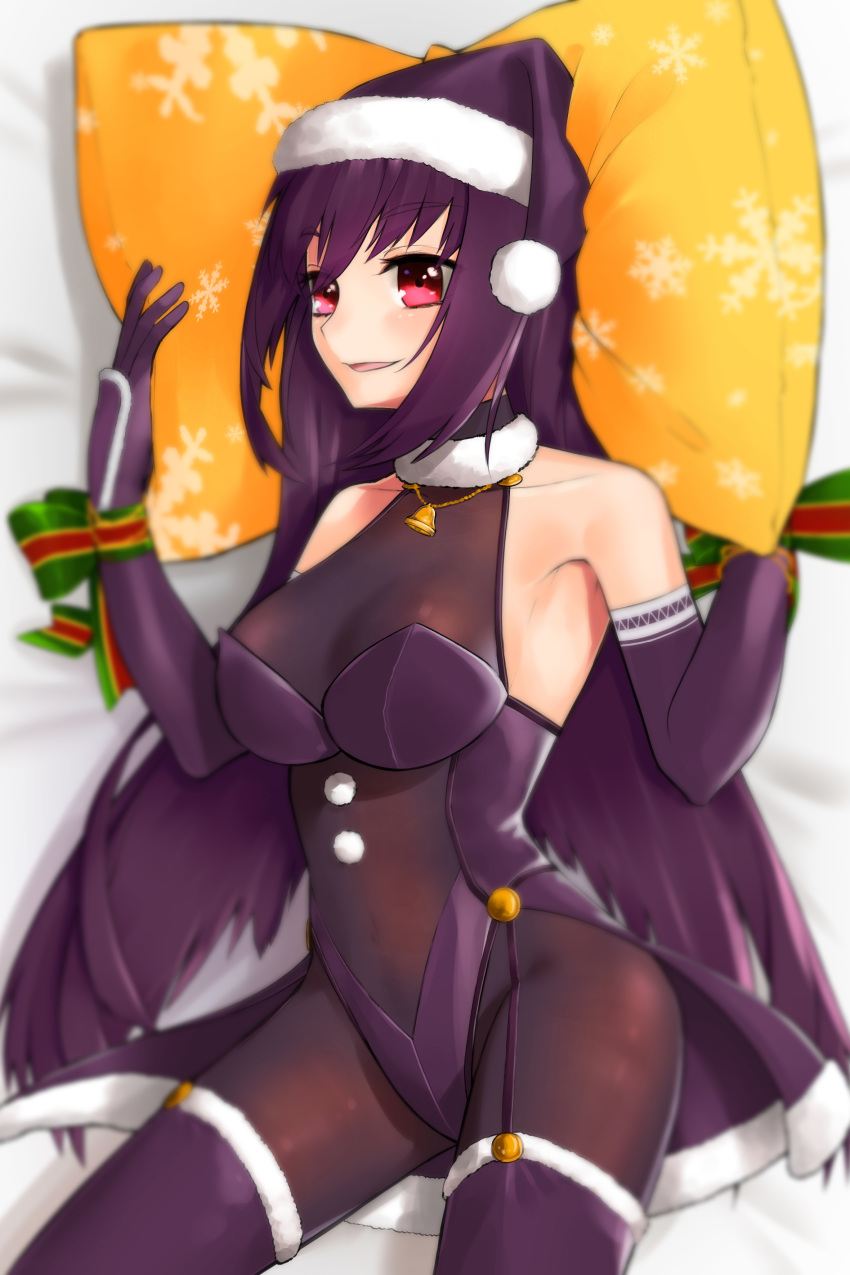 1girl :d absurdres adapted_costume bare_shoulders bed bell blurry bodysuit boots breasts christmas collarbone covered_navel elbow_gloves eyebrows_visible_through_hair fate/grand_order fate_(series) fur_trim garters gloves hat highres large_breasts long_hair looking_to_the_side lying misoca_30 open_mouth pillow pillow_grab purple_bodysuit purple_hair red_eyes ribbon santa_hat scathach_(fate)_(all) scathach_(fate/grand_order) smile snowflake_print solo thigh_boots thighhighs wrist_ribbon