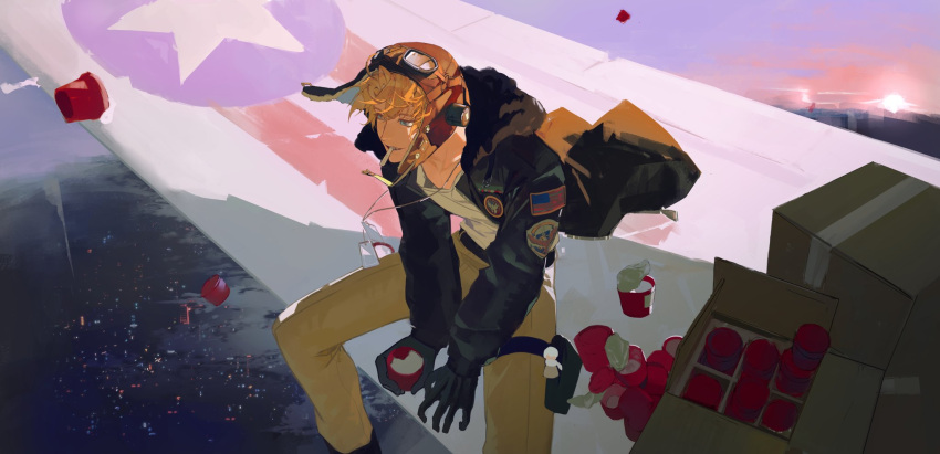 1boy aircraft airplane airplane_wing america_(hetalia) american_flag axis_powers_hetalia belt black_belt black_gloves black_straps blonde_hair blue_eyes box brown_fur brown_jacket brown_pants cardboard_box cigarette cityscape cluck_gugu commentary container crew_neck dog_tags dusk english_commentary feet_out_of_frame floating_hair floating_neckwear food fur-trimmed_jacket fur_trim gloves goggles goggles_on_head hair_between_eyes helmet highres jacket long_sleeves looking_ahead male_focus no_eyewear open_clothes open_jacket pants patch pilot_helmet pouch shirt shoulder_patch sitting solo sunset thigh_pouch thigh_strap white_shirt