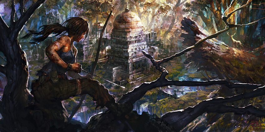 arrow bandages bare_shoulders bow bow_(weapon) brown_hair contest_winner dannoura_yuuki from_behind highres lara_croft long_hair pixiv_tomb_raider_contest ponytail ruins scenery solo temple tomb_raider tomb_raider_(reboot) tree weapon