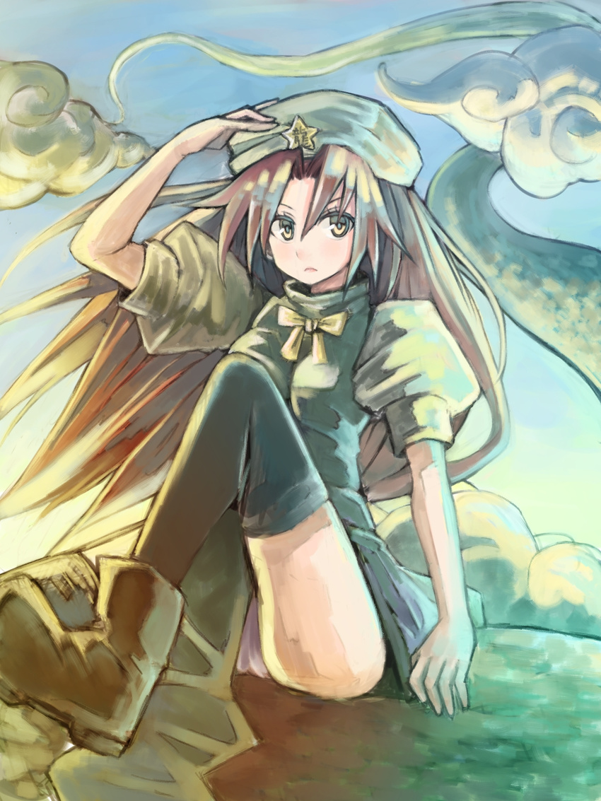 anarogumaaa bad_id bad_pixiv_id boots china_dress chinese_clothes cloud dress hat highres hong_meiling lips long_hair red_hair ribbon sky solo star thighhighs touhou underwear whorled_clouds yellow_eyes