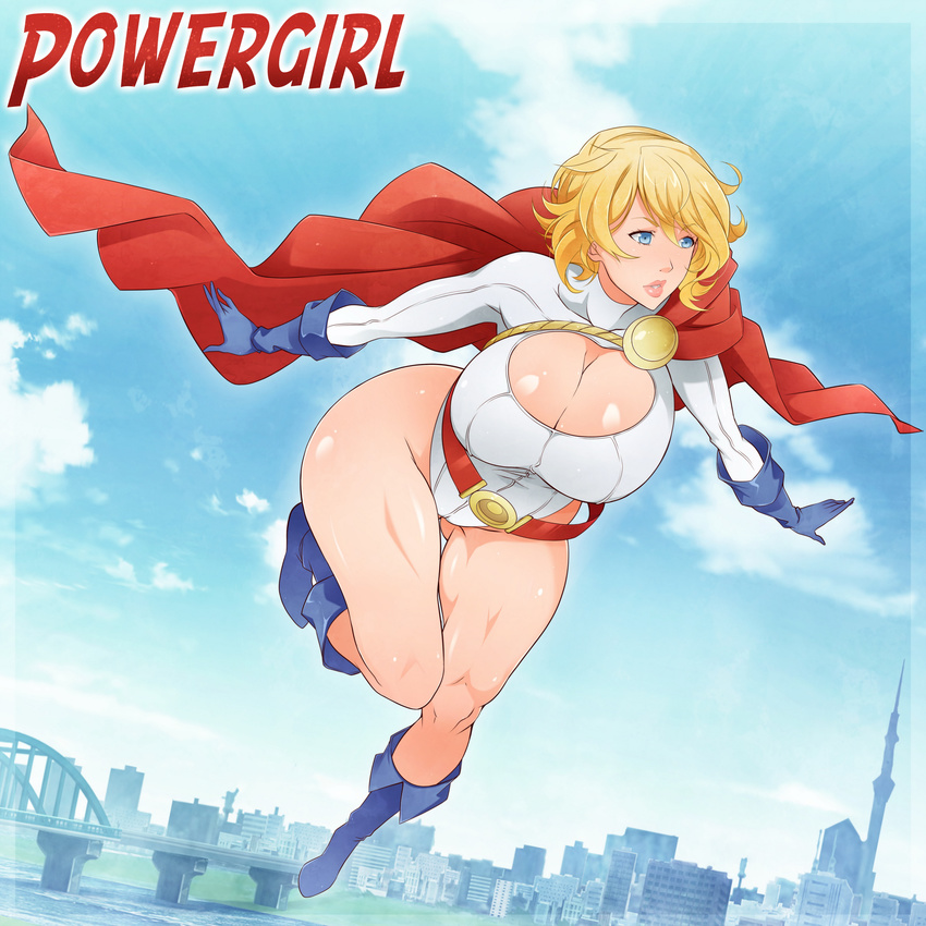 1girl absurdres belt blonde_hair blue_eyes blue_gloves blue_shoes breasts bridge cape character_name city cleavage cleavage_cutout crimeglass dc_comics female flying full_body gloves highres huge_breasts leotard power_girl red_belt shoes short_hair solo x-teal2