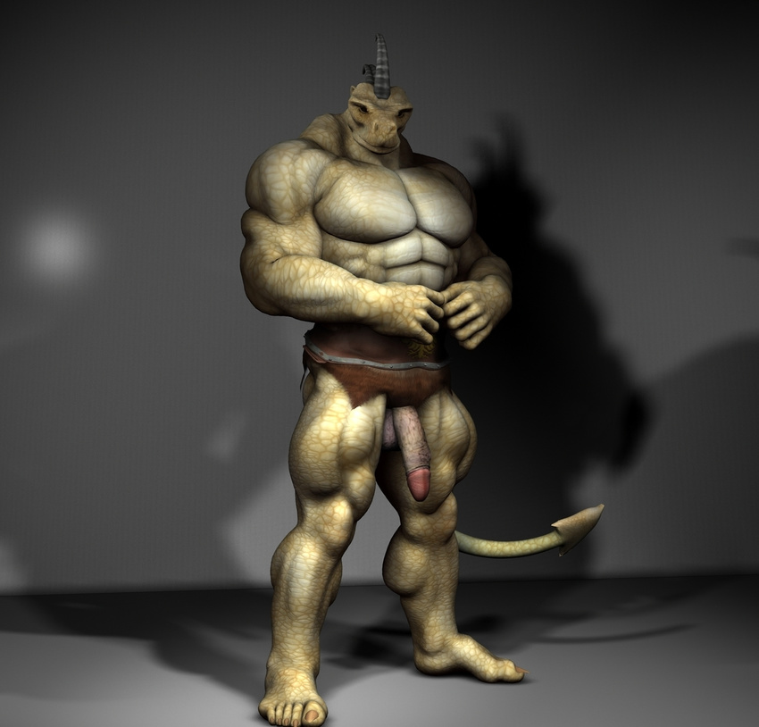 abs anthro balls biceps big_muscles big_penis brown_skin cgi claws clothing erection flexing half-erect hindpaw horn lizard loincloth looking_at_viewer male muscles nude paws pecs penis pose presenting reptile scales scalie shorts skin solo standing tan_skin toe_claws toned topless vic34677 white_skin