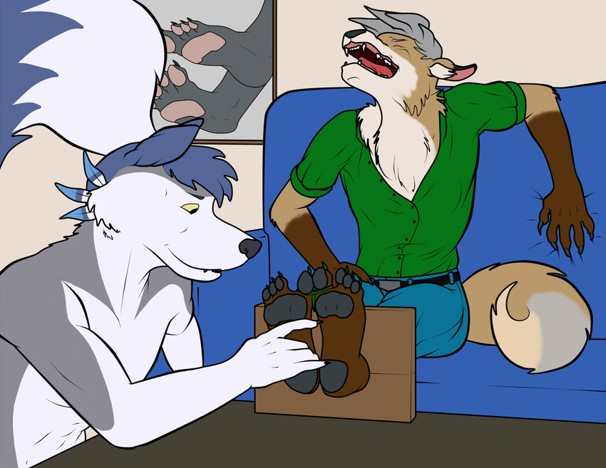 4_toes abs anthro biceps black_nose blue_hair bound brown_fur canine clothed clothing eyes_closed fur grey_fur grey_hair hair hindpaw jayzen laugh lionsilverwolf loki male mammal muscles open_mouth pawpads paws smile soles stockade teeth tickling toes tongue topless white_fur