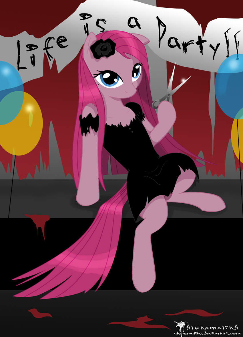 alukamalika anthro anthrofied ballons balloons banner blue_eyes clothed clothing dress english_text equine female friendship_is_magic fur goth hair horse long_hair looking_at_viewer mammal my_little_pony pink_fur pink_hair pinkamena_(mlp) pinkie_pie_(mlp) pony scissor scissors solo text torn_clothing