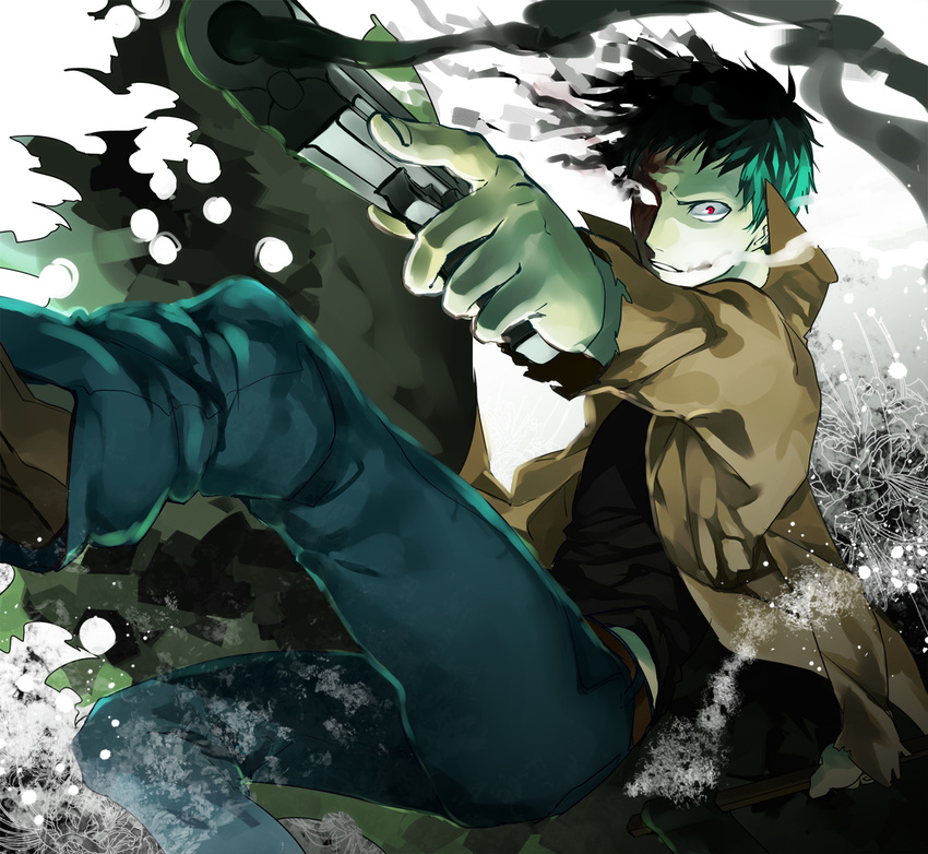 coat green_hair gun kuro_no_haijin male_focus one-punch_man red_eyes smirk smoke solo weapon zombieman
