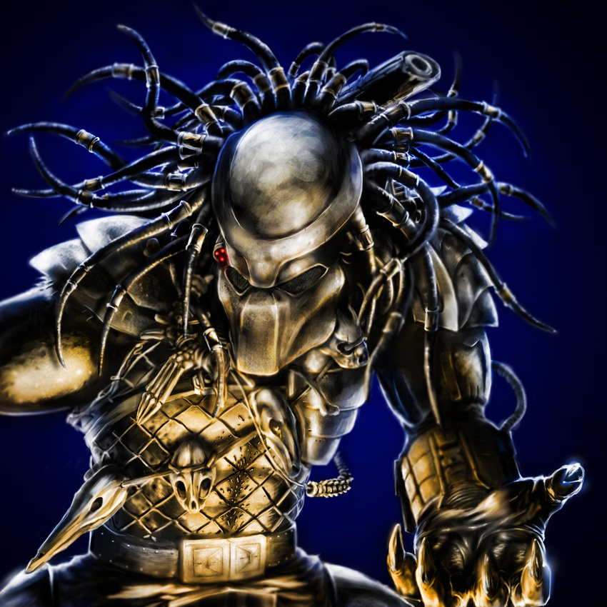 aliens_vs_predator belt cannon claws energy_gun hairlocs helmet highres mask night no_humans oyu_(mxqxm) predator predator_(movie) realistic science_fiction skull weapon