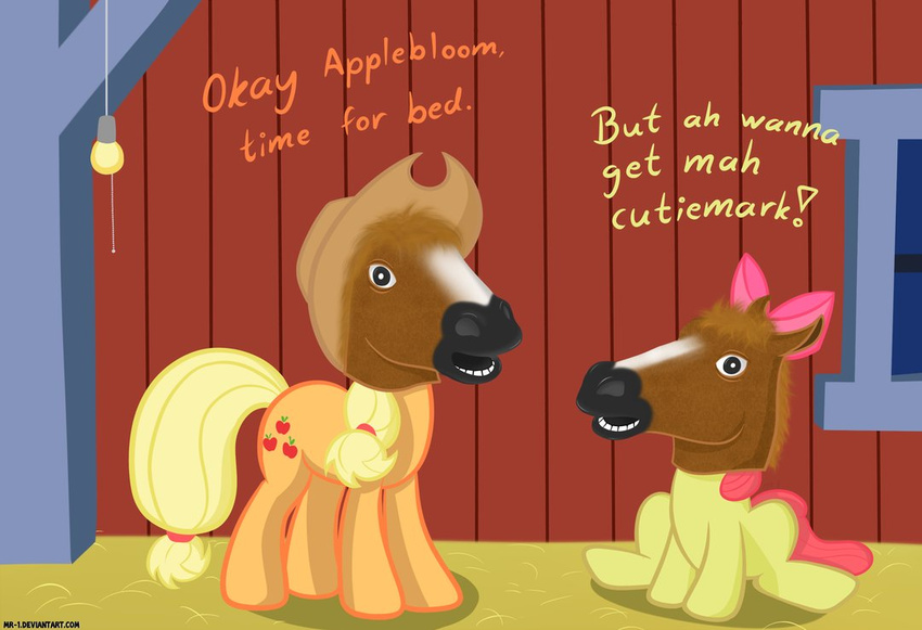 amazing apple_bloom_(mlp) applejack_(mlp) barn barn_window blonde_hair bow butt clothing cowboy_hat cub cutie_mark dirt english_text equine female feral friendship_is_magic fur hair hat horse horse_mask humor inside light_bulb mammal mask mr-1 my_little_pony orange_fur pony red_hair support_beam text window wire yellow_fur young