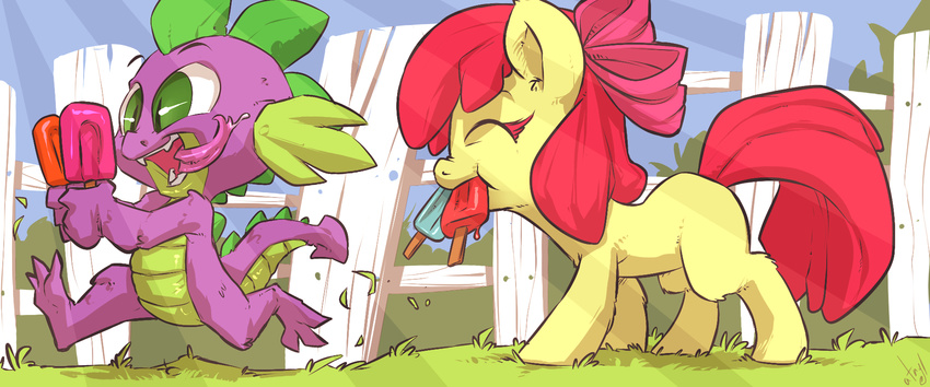 apple_bloom_(mlp) atryl candy cat_eyes cub dragon duo equine fangs female fence feral friendship_is_magic grass green_eyes hair horse lollipop male mammal my_little_pony outside pony red_hair running saliva scalie slit_pupils spike_(mlp) young