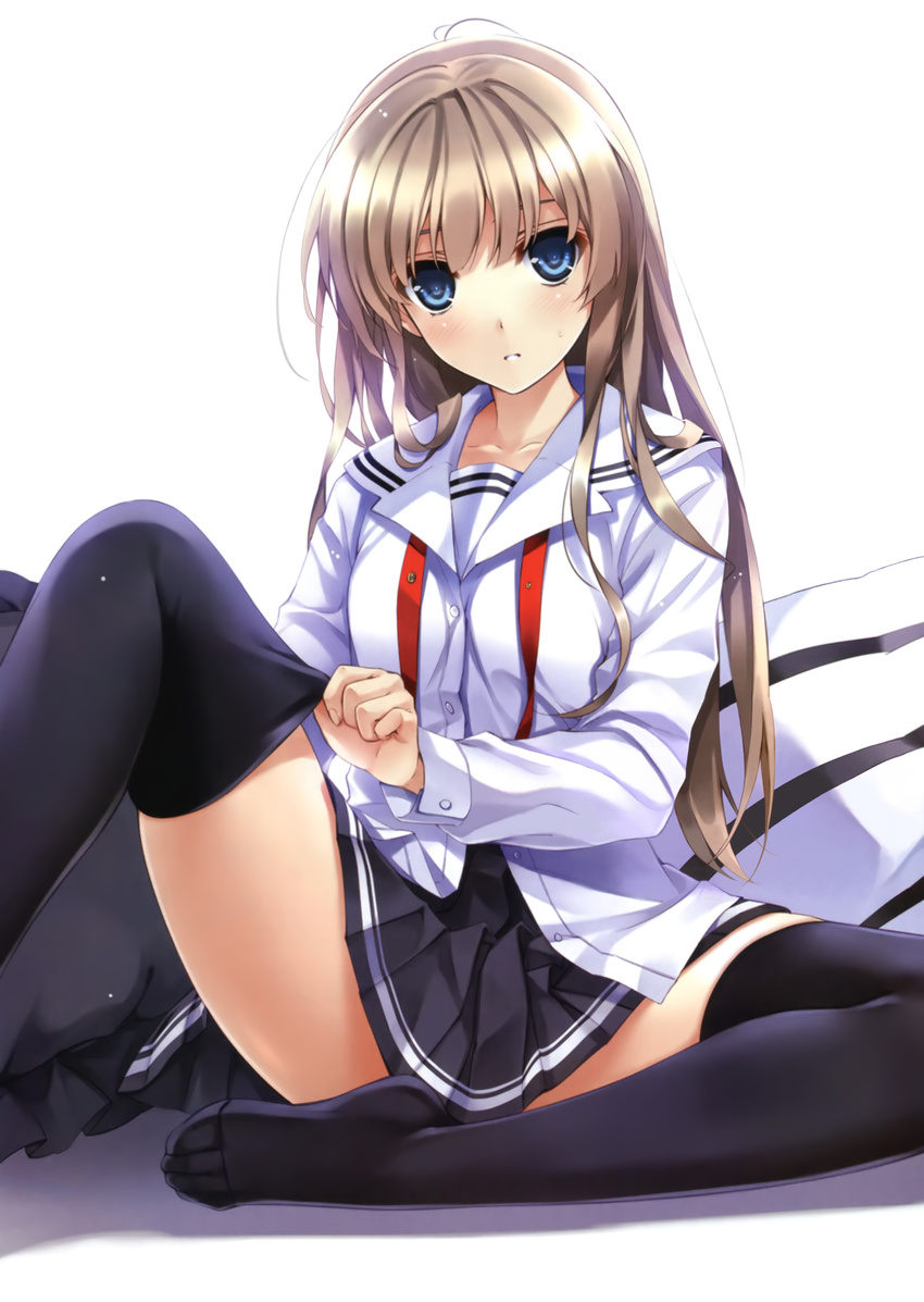 absurdres ad adjusting_clothes adjusting_legwear black_legwear blue_eyes blush brown_hair convenient_leg cradle_(artist) detexted dressing highres legs long_hair long_legs long_sleeves looking_at_viewer misaki_kurehito necktie no_shoes official_art pleated_skirt red_neckwear saenai_heroine_no_sodatekata sawamura_spencer_eriri scan school_uniform simple_background sitting skirt solo spread_legs sweat thighhighs third-party_edit undone_necktie white_background zettai_ryouiki