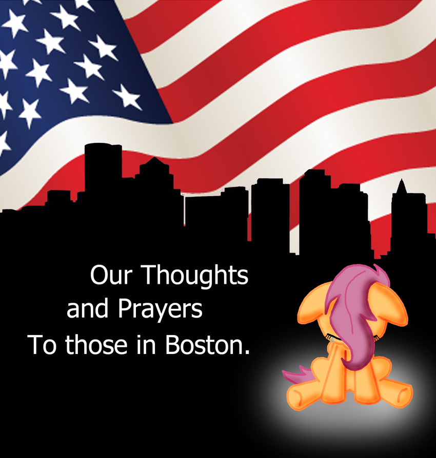 ajmstudios american_flag boston_marathon_bombing crying cub english_text equine eyes_closed female feral flag friendship_is_magic hair hi_res horse mammal my_little_pony pony purple_hair scootaloo_(mlp) solo text tragedy young
