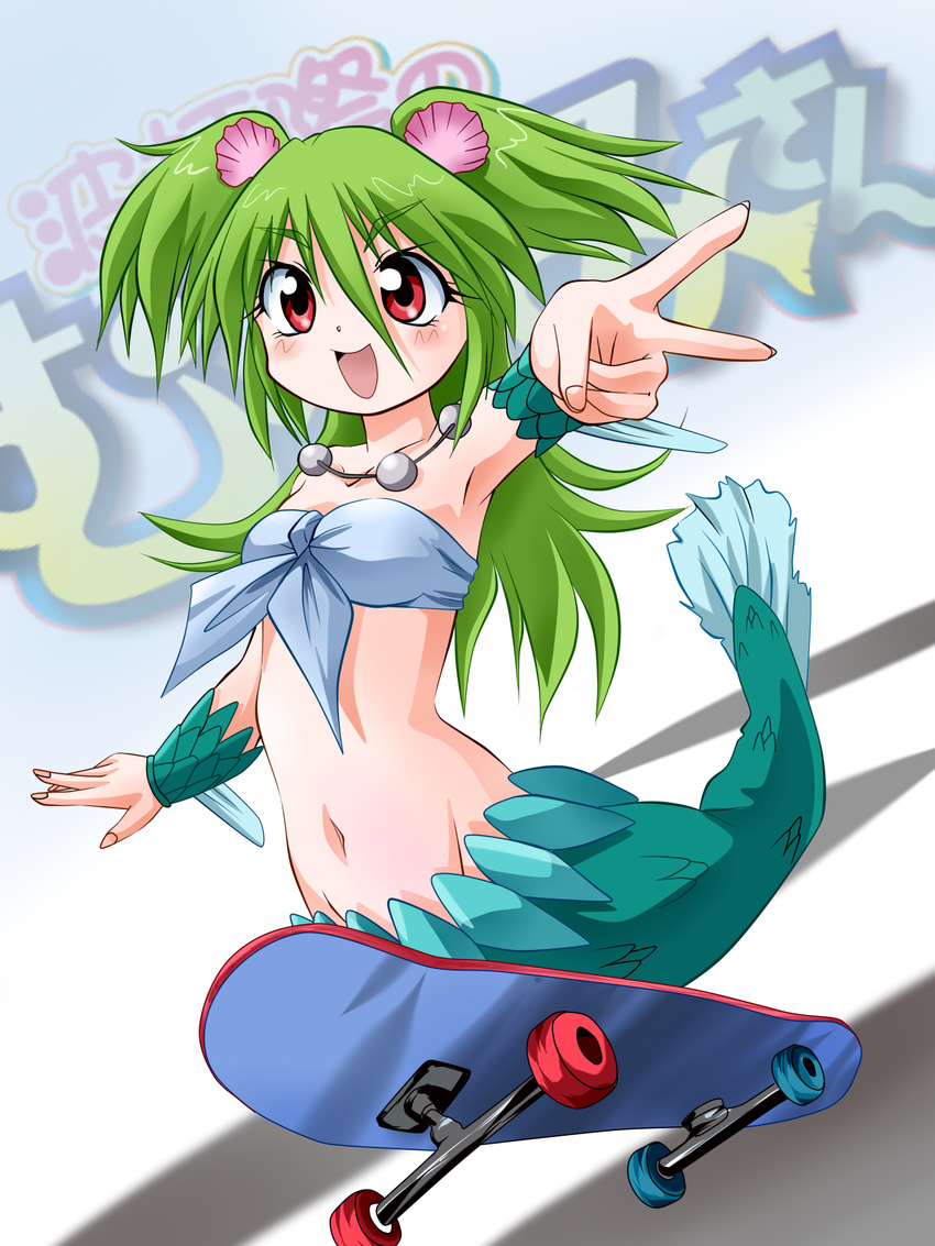 green_hair highres jewelry long_hair mermaid monster_girl muromi-san namiuchigiwa_no_muromi-san necklace open_mouth red_eyes rokushaku_neko scales seashell shell skateboard smile solo twintails two_side_up v