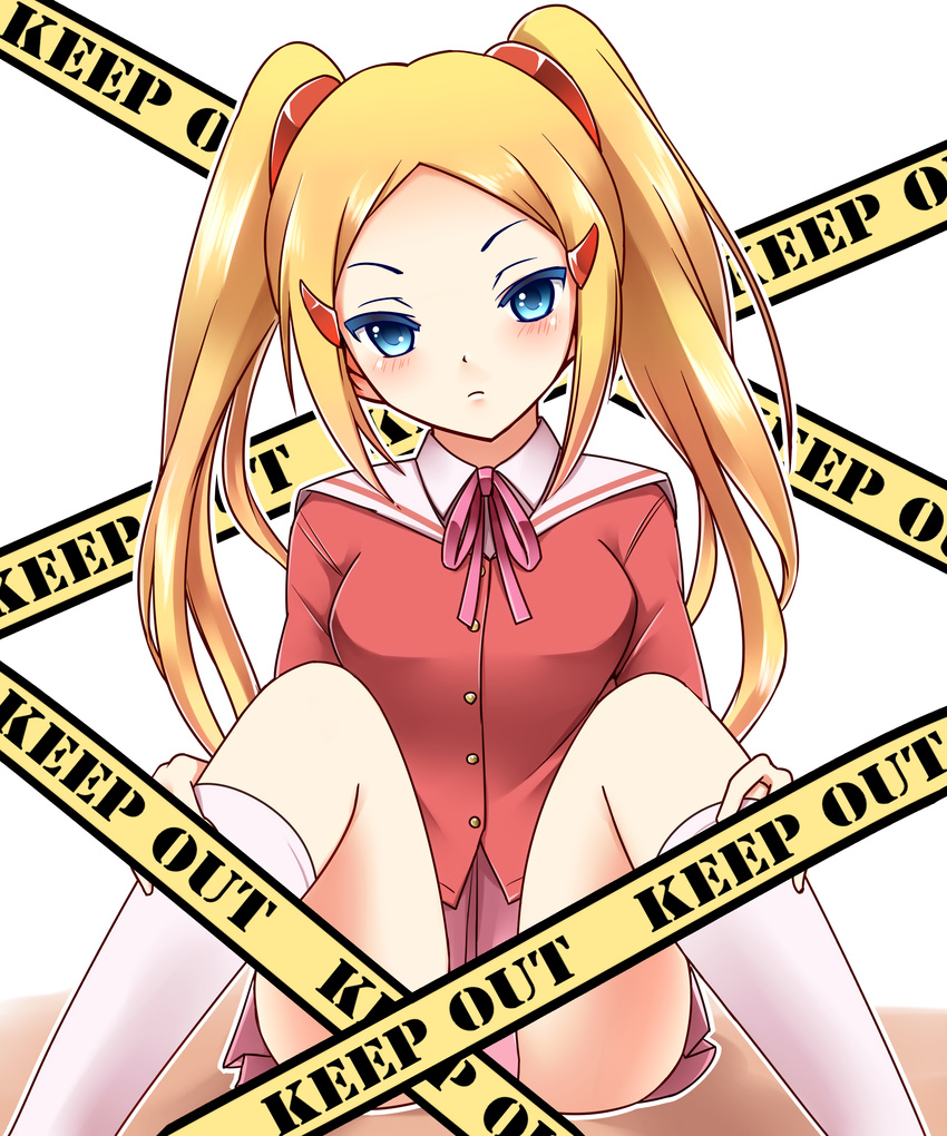 absurdres aoyama_mio blonde_hair blue_eyes blush breasts caution_tape hair_ornament hair_ribbon hairclip head_tilt highres kamekichi_(kamekiti) kami_nomi_zo_shiru_sekai keep_out kneehighs knees_together_feet_apart long_hair ribbon sitting small_breasts solo twintails