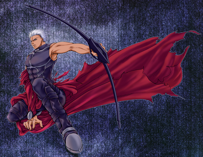 archer bow_(weapon) cloak dark_skin dark_skinned_male fate/stay_night fate_(series) highres male_focus misatsky solo weapon white_hair