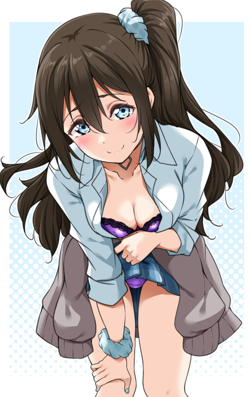 1girl alternate_hairstyle blue_nails blue_scrunchie blush bra breasts cleavage clothes_around_waist collarbone commentary gyaru highres jacket jacket_around_waist long_hair looking_at_viewer love_live! love_live!_nijigasaki_high_school_idol_club medium_breasts one_side_up osaka_shizuku panties purple_bra purple_panties scrunchie solo underwear wrist_scrunchie yopparai_oni