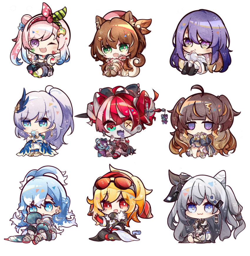 6+girls :3 absurdres ahoge airani_iofifteen airani_iofifteen_(1st_costume) animal_ears anya_melfissa anya_melfissa_(1st_costume) area_15 ayunda_risu ayunda_risu_(1st_costume) bare_shoulders barefoot belt beret black_belt black_bow black_dress black_shoes blonde_hair blue_dress blue_eyes blue_hair blue_overalls blush bow braid bread bread_slice brown_hair brown_shoes cheschorv chibi chibi_only closed_mouth collar colored_inner_hair colored_skin colored_tips commentary commission cone_hair_bun cup detached_sleeves doll double_bun dress eating english_commentary eyewear_on_head fang feather_hair_ornament feathers food full_body fur_collar glasses gradient_eyes gradient_hair green_bow green_eyes green_shoes grey_hair grey_skin hair_bow hair_bun hair_ornament hairband half_up_braid hammer hand_on_own_chin hands_up hat hat_ornament heterochromia highres holding holding_cup holding_food holding_paintbrush holoh3roes hololive hololive_indonesia holoro jacket jewelry kaela_kovalskia kaela_kovalskia_(1st_costume) knees_together_feet_apart kobo_kanaeru kobo_kanaeru_(1st_costume) kureiji_ollie kureiji_ollie_(1st_costume) leaf leaf_hat_ornament long_hair looking_at_viewer moona_hoshinova moona_hoshinova_(1st_costume) multicolored_eyes multicolored_hair multicolored_hairband multicolored_skin multiple_girls no_nose object_through_head one_eye_closed open_mouth overalls own_hands_together paint paint_palette paint_splatter paint_splatter_on_face paintbrush pants pavolia_reine pavolia_reine_(1st_costume) pink_bow pink_hair pink_hat pink_jacket pouch print_shirt purple_hair red_bow red_eyes red_hair seiza shirt shoes side_braid side_ponytail sidelocks simple_background sitting skin_fang skirt smile socks sparkle squirrel_ears squirrel_girl squirrel_tail stitched_face stitched_leg stitches straight_hair stuffed_animal stuffed_toy sword sword_in_head symbol-shaped_pupils tail teddy_bear thigh_pouch three_quarter_view toast tongue torn_clothes torn_dress two-tone_skin two_side_up umbrella v v_arms very_long_hair vestia_zeta vestia_zeta_(1st_costume) virtual_youtuber wavy_hair weapon white_background white_dress white_hair white_jacket white_pants white_shirt white_skin white_skirt white_socks x-shaped_pupils yellow_eyes zombie