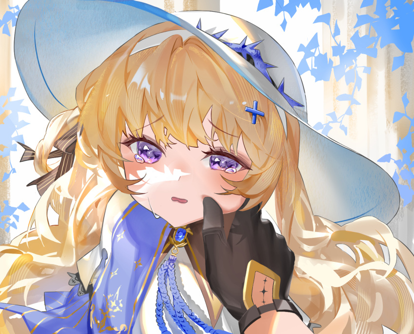 1boy 1girl black_bow black_collar black_gloves blonde_hair blue_gemstone blue_sash bow cheek_pinching collar commentary gem gloves hair_bow hat highres long_hair looking_at_viewer male_rover_(wuthering_waves) minyami_(hia8038) parted_lips phoebe_(wuthering_waves) pinching portrait pov pov_hands purple_eyes rover_(wuthering_waves) sash striped_bow tacet_mark_(wuthering_waves) tearing_up white_hat wuthering_waves