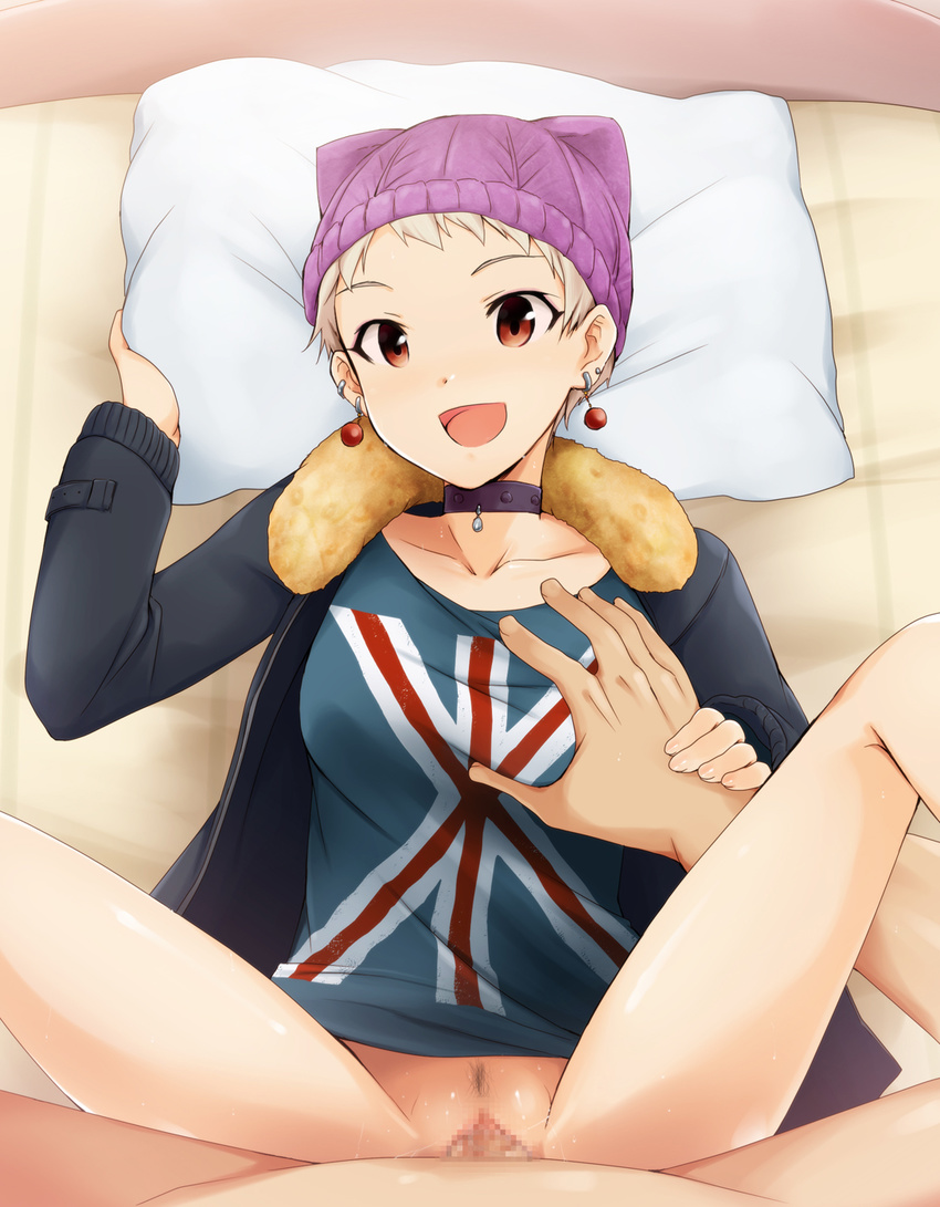 1girl bed blonde_hair bottomless breast_grab breasts censored choker clothed_sex earrings grabbing happy_sex hat hetero highres idolmaster idolmaster_cinderella_girls jewelry kaiga long_legs looking_at_viewer lying medium_breasts mosaic_censoring open_mouth penis pixie_cut pov pubic_hair pussy red_eyes senzaki_ema sex short_hair spread_legs vaginal very_short_hair