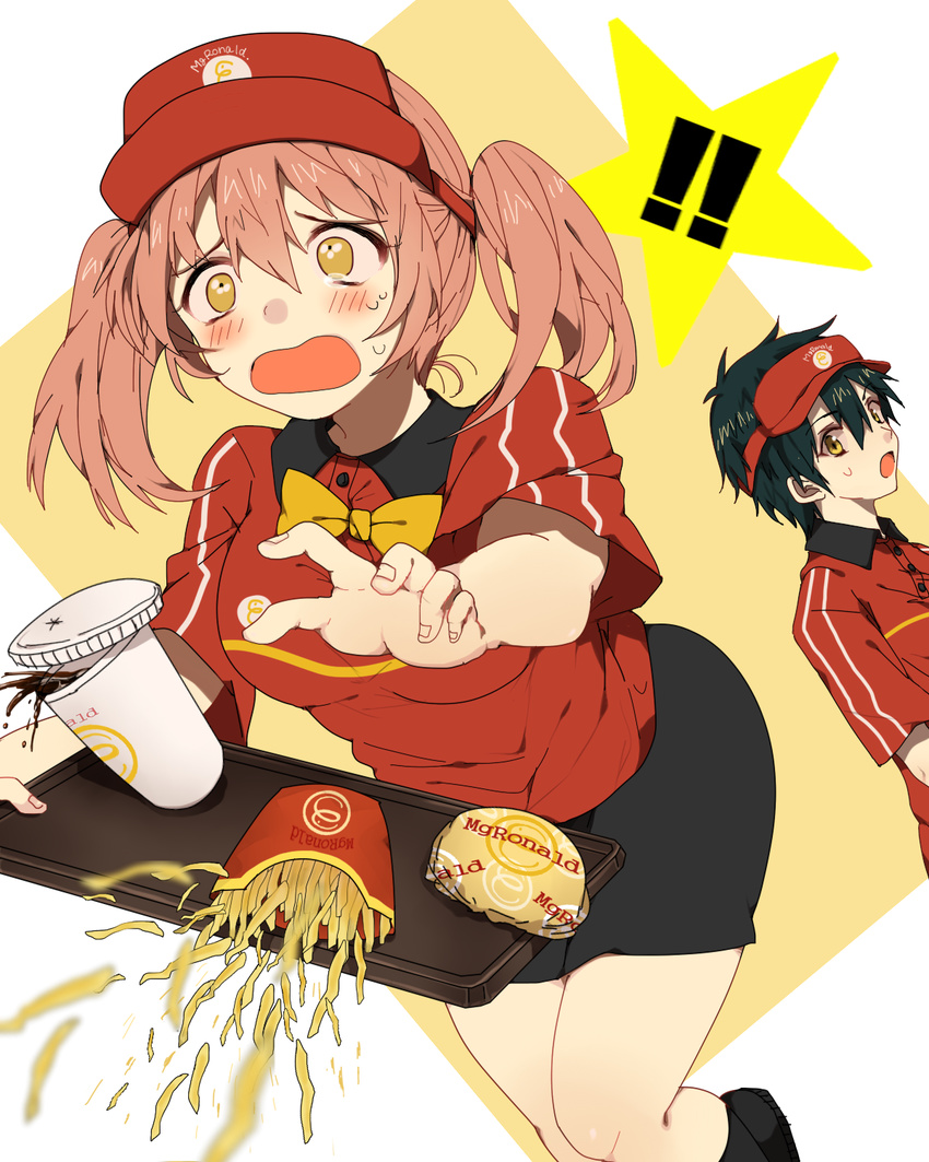 1boy 1girl :o black_hair brand_name_imitation breasts brown_eyes clothes_writing cup dojikko dropping employee_uniform fast_food_uniform food french_fries hamburger hataraku_maou-sama! highres koko_(kotobutyann) large_breasts maou_sadao mcdonald's open_mouth polo_shirt red_hair sasaki_chiho short_hair solo_focus spilling tears tray twintails uniform visor_cap