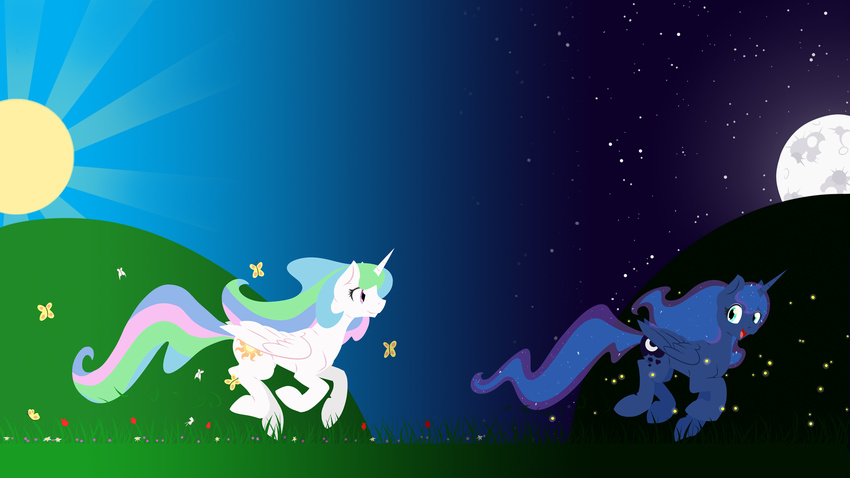 arthropod blue_eyes butterfly chase cutie_mark day duo equine female feral firefly flower friendship_is_magic geomancing grass hair horse insect mammal moon multi-colored_hair my_little_pony night outside pony princess princess_celestia_(mlp) princess_luna_(mlp) purple_eyes royalty running sibling sisters sparkles stars sun