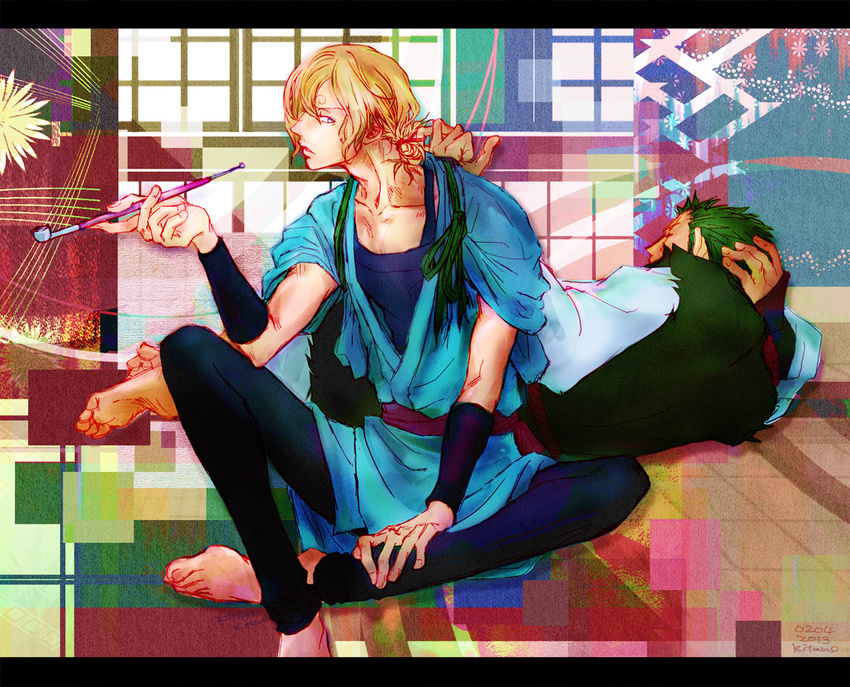 2boys alternate_costume armband barefoot blonde_hair blue_eyes duo green_hair hair_over_one_eye japanese_clothes kitano letterboxed lying male male_focus multiple_boys on_side one_piece roronoa_zoro sanji scar sitting smoking smoking_pipe