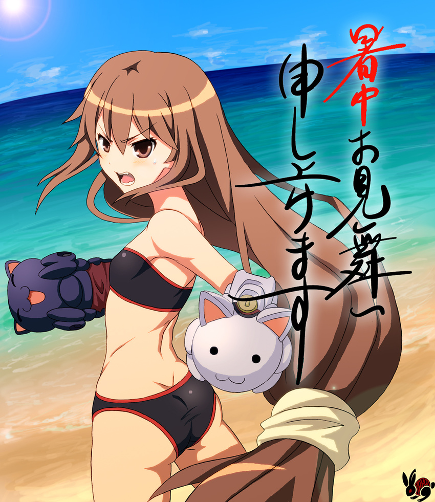 :3 :d :o ^_^ angry armpits ass back bandeau bangs baron_(baron-eros) beach bikini black_cat black_swimsuit blue_sky blush brown_eyes brown_hair bunny cat closed_eyes cloud cowboy_shot day dimples_of_venus fangs flat_chest floating_hair gloves hair_between_eyes highres lens_flare long_hair looking_at_viewer looking_back low-tied_long_hair o_o ocean ookami-san ookami_ryouko open_mouth outdoors profile scrunchie shochuumimai sidelocks signature sky smile solo standing sun sweatdrop swimsuit taut_bikini taut_clothes very_long_hair water white_cat