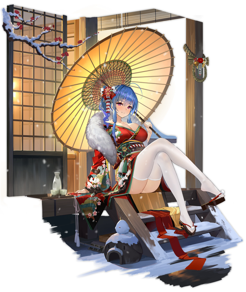 1girl ahoge alternate_costume arm_support azur_lane bangs blue_hair blush bottle breasts cleavage closed_mouth cup eyebrows_visible_through_hair flower full_body fur_collar geta hair_flower hair_ornament highres holding holding_umbrella japanese_clothes kimono large_breasts legs_crossed long_hair looking_at_viewer mr_cloud obi official_art oriental_umbrella purple_eyes red_kimono sake_bottle sash sidelocks sitting smile st._louis_(azur_lane) tabi tassel transparent_background umbrella white_legwear wide_sleeves