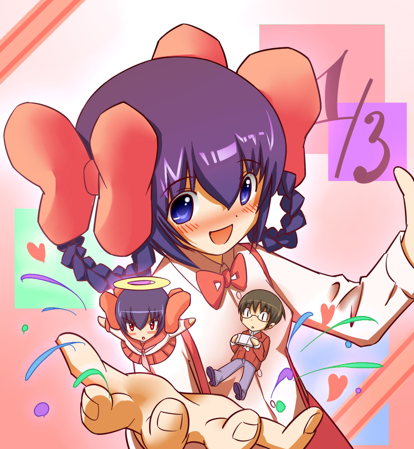 2girls ayukawa_tenri blue_eyes blush bow diana_(kaminomi) dual_persona goddess hair_bow hair_rings halo handheld_game_console highres kamekichi_(kamekiti) kami_nomi_zo_shiru_sekai katsuragi_keima miniboy minigirl multiple_girls playstation_portable purple_hair red_eyes school_uniform serafuku