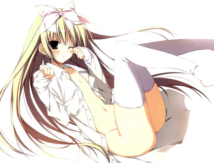 blonde_hair inugami_kira long_hair nopan open_shirt seitokai_no_ichizon shiina_mafuyu thighhighs white