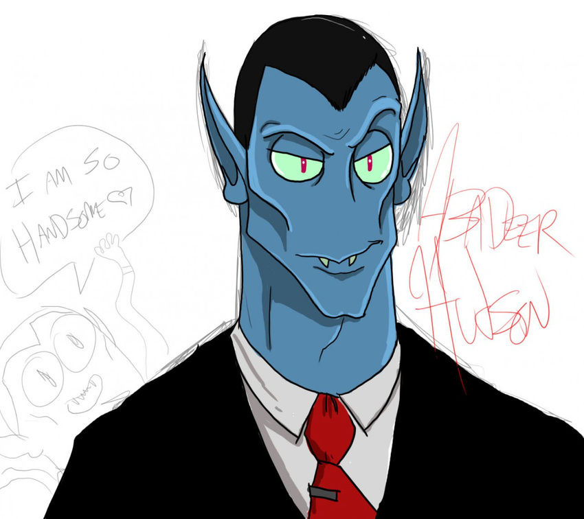 blue_skin demon fangs hunson_abadeer male mrfangface necktie pointy_ears smile solo suit