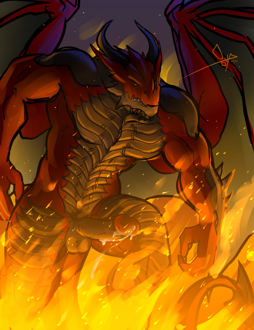 abs anthro balls bgn biceps bottomless claws cum cum_string demon dragon dripping erection fangs fire horn leaking male muscles nude pecs penis pose precum presenting red_body red_dragon red_skin reptile scales scalie smile solo standing topless vein wings