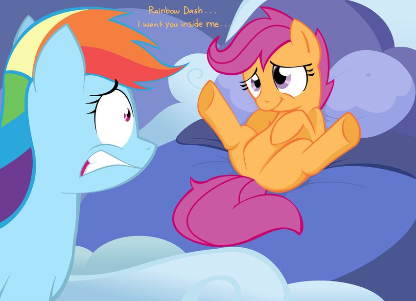 cub cute duo equine female feral friendship_is_magic horse lesbian lying mammal my_little_pony nannurs pegasus pillow pony rainbow_dash_(mlp) scootaloo_(mlp) spread_legs spreading text wings young