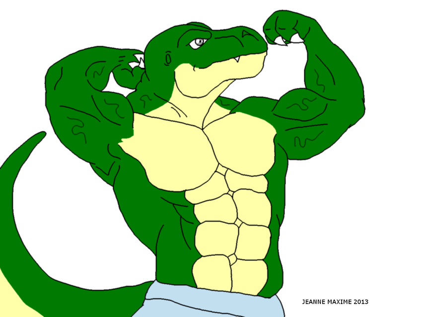 abs anthro biceps claws clothing dinosaur fangs flexing gay green_skin grey_eyes male maxime-jeanne muscles pecs plain_background pose reptile scales scalie shorts smile solo standing teeth theropod thomas_carter toned topless tyrannosaurus_rex underwear vein white_background yellow_skin