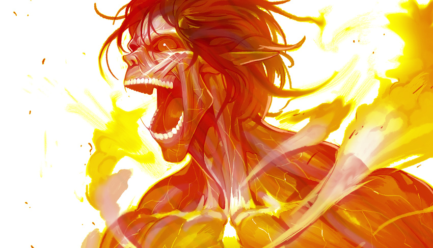 bad_id bad_pixiv_id bright_pupils exposed_muscle heat highres ladic male_focus messy_hair monster open_mouth red_eyes roaring rogue_titan shingeki_no_kyojin solo steam teeth white_background white_pupils