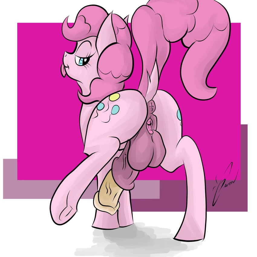 animal_genitalia anus balls butt cutie_mark equine erection feral friendship_is_magic herm horse horsecock intersex looking_back magnificent-arsehole mammal my_little_pony penis pinkie_pie_(mlp) pony pussy raised_tail signature simple_background solo tongue tongue_out