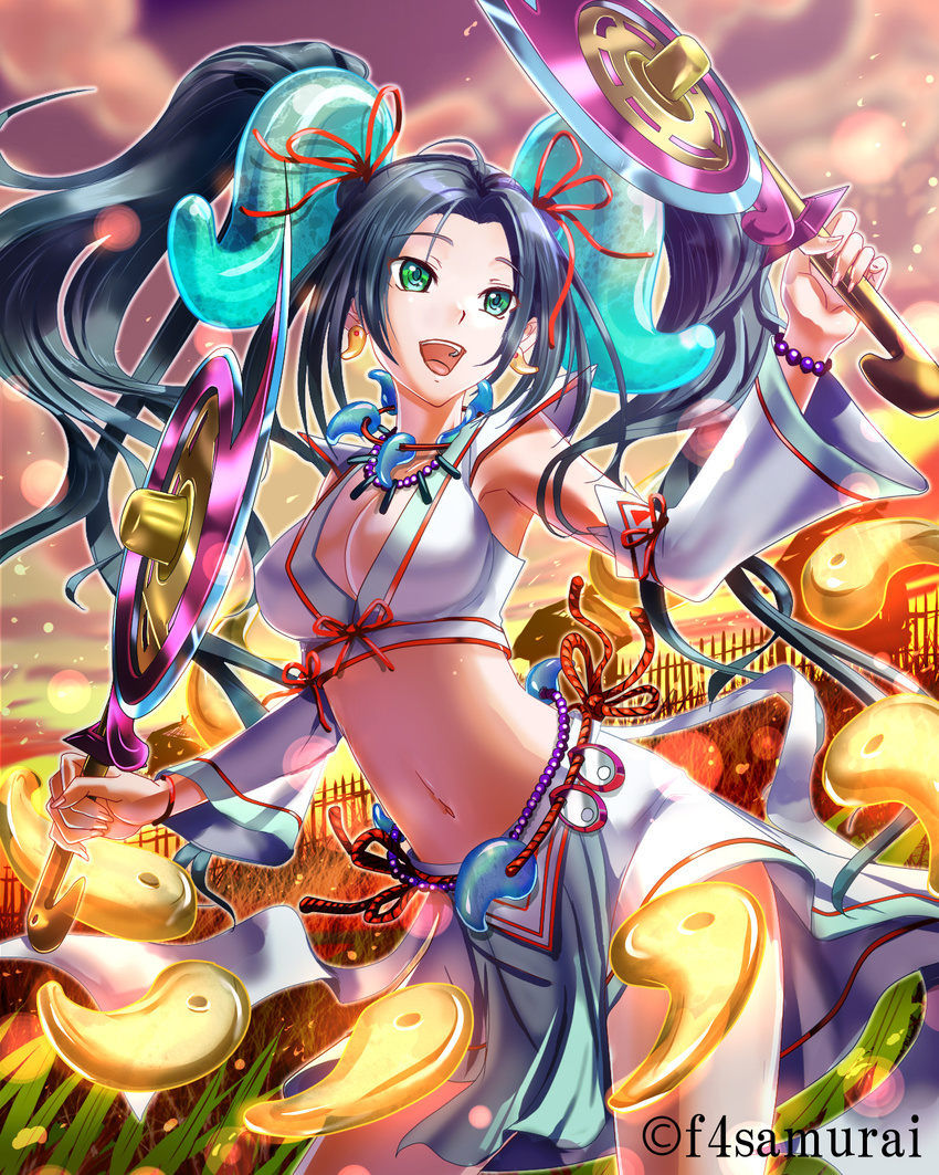 bad_id bad_pixiv_id black_hair detached_sleeves green_eyes hair_ornament highres japanese_clothes long_hair magatama midriff mirey navel open_mouth original smile solo twintails weapon