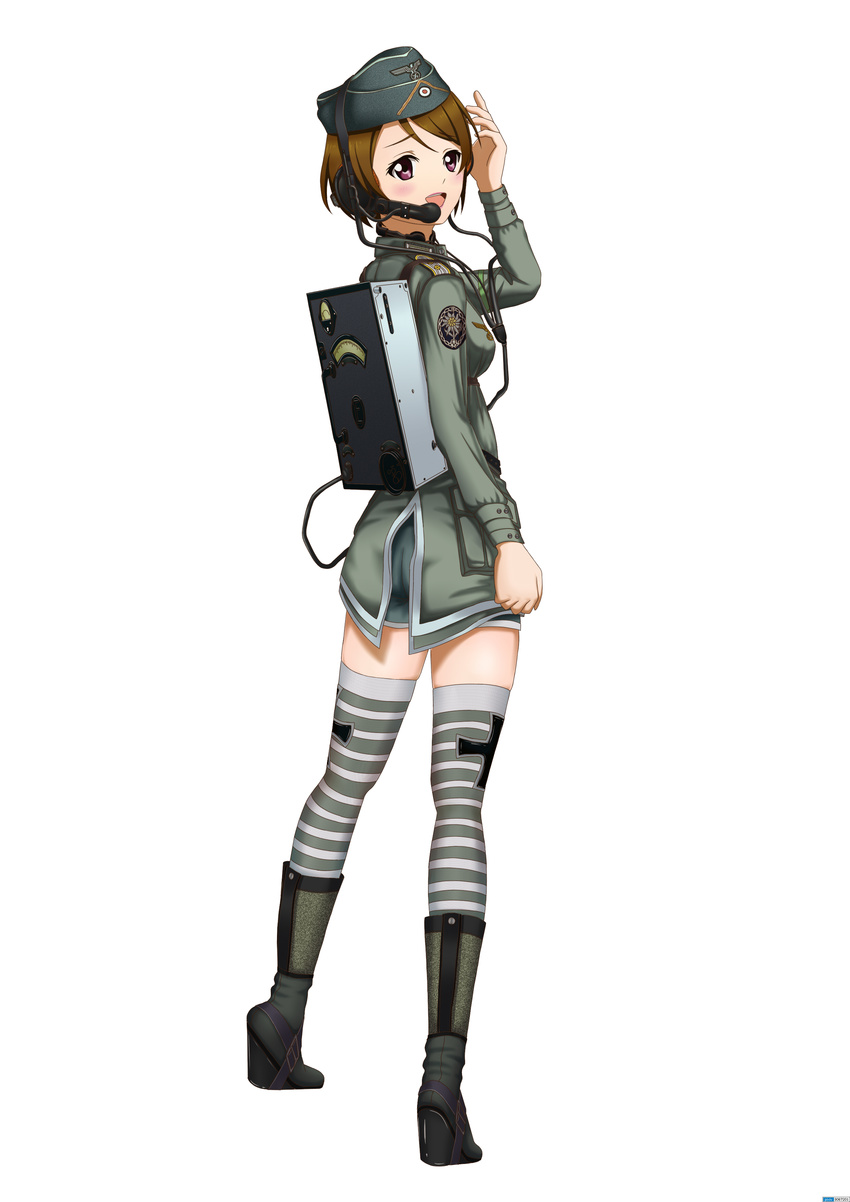 :d absurdres boots brown_hair full_body garrison_cap hat headset heli highres koizumi_hanayo love_live! love_live!_school_idol_project military military_uniform open_mouth purple_eyes radio simple_background smile solo standing striped striped_legwear swastika thighhighs uniform white_background zettai_ryouiki