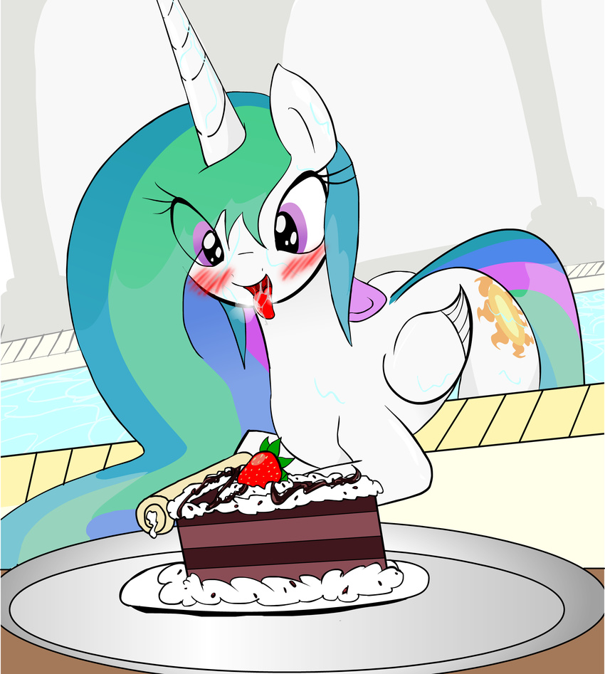 blush cake cutie_mark dessert equid equine feathered_wings feathers female feral food friendship_is_magic fruit hair hasbro hi_res horn mammal multicolored_hair my_little_pony mythological_creature mythological_equine mythology plant princess princess_celestia_(mlp) purple_eyes royalty solo strawberry third-party_edit tongue wet_mane white_body white_feathers winged_unicorn wings zev
