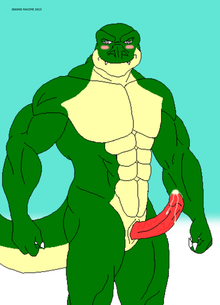 abs anthro balls biceps big_penis blush claws cum dinosaur dripping erection fangs gay genital_slit green_skin grey_eyes grin leaking looking_at_viewer male maxime-jeanne muscles nude pecs penis pose precum presenting red_penis reptile scales scalie sheath slit smile solo standing teeth theropod thomas_carter toned tyrannosaurus_rex vein yellow_skin