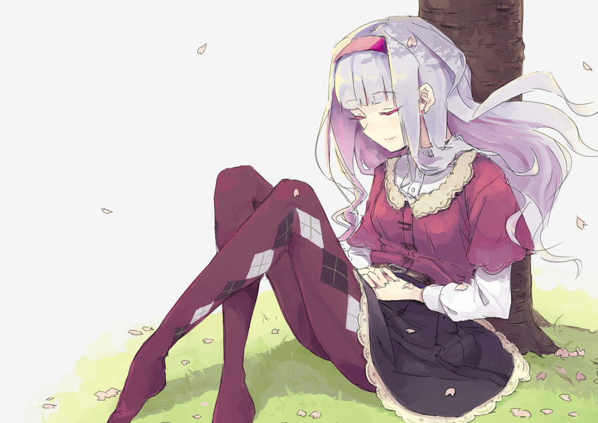 argyle argyle_legwear closed_eyes dress earrings hairband idolmaster idolmaster_(classic) jewelry long_hair pantyhose petals purple_hairband shijou_takane silver_hair smile solo tai0201 tree