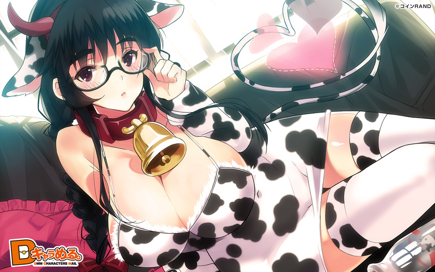 adjusting_eyewear animal_print bell bell_collar black_hair braid breasts cleavage coin_rand collar cow_bell cow_print dutch_angle glasses highres huge_breasts indoors long_hair navel original solo tail thighhighs underwear underwear_only wide_hips