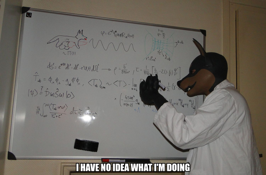 anthro balls canine canine_penis dog english_text feral fursuit hyper image_macro knot male mammal math mathematics penis real science scientist solo text whiteboard