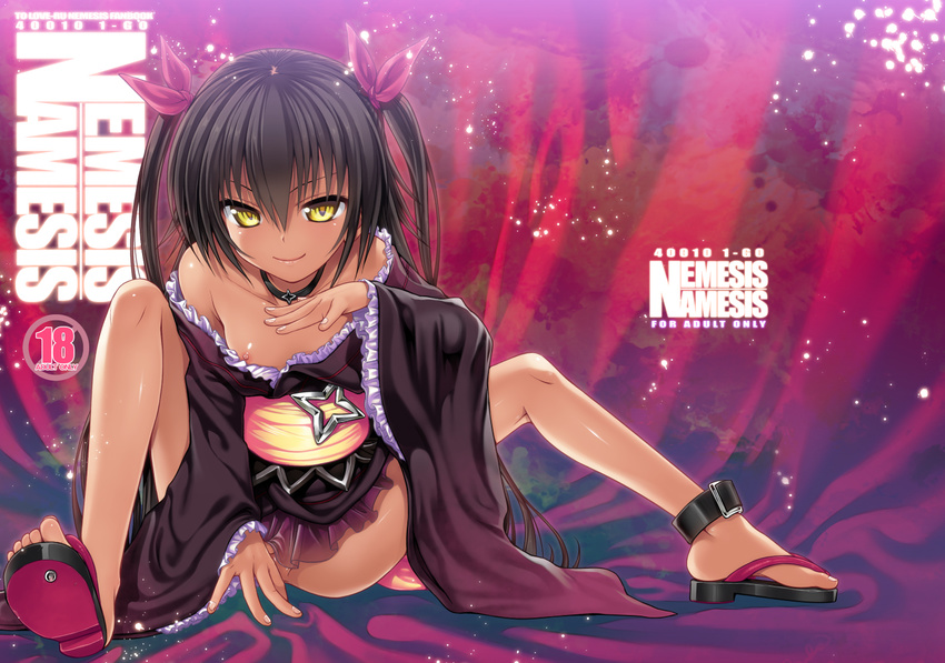 40010prototype anklet black_hair bow feet flat_chest full_body hair_bow jewelry looking_at_viewer master_nemesis nipples no_panties sandals sitting skirt smile solo spread_legs to_love-ru toes twintails yellow_eyes