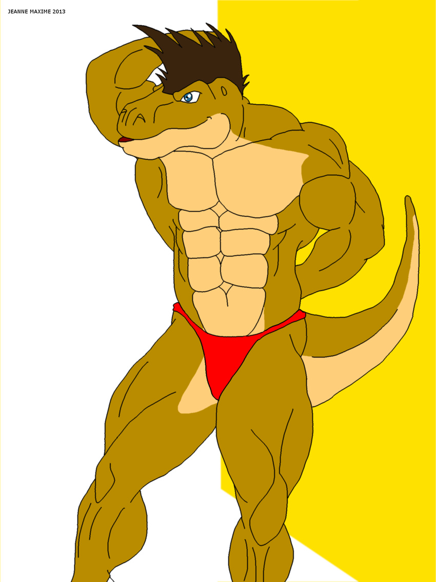 abs abstract_background anthro arms_behind_head biceps blue_eyes bodybuilder brown_hair brown_skin dinosaur flexing gay grin hair jonathan_alexander male maxime-jeanne muscles pecs plain_background pose reptile scales scalie smile solo speedo standing swimsuit theropod toned topless tyrannosaurus_rex underwear vein white_background