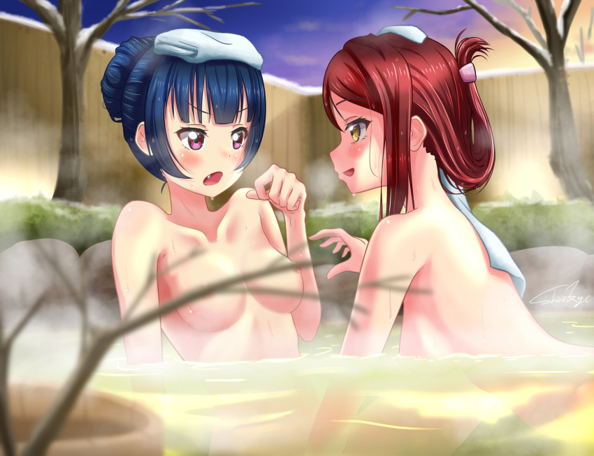 2girls :d :o absurdres areolae bangs bathing blue_hair blurry blush breasts bucket clenched_hand collarbone commentary_request convenient_censoring depth_of_field dusk fang folded_ponytail hair_up hand_up highres impending_grope looking_at_another love_live! love_live!_sunshine!! medium_breasts multiple_girls nipples nude onsen open_mouth outdoors partially_submerged purple_eyes red_hair sakurauchi_riko shared_bathing shark_yc sidelocks signature smile snow steam towel towel_on_head tree tsushima_yoshiko v-shaped_eyebrows water wet wooden_bucket yellow_eyes yuri