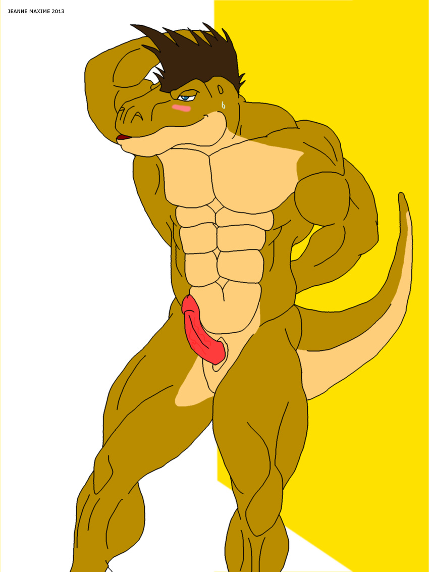 abs abstract_background anthro arms_behind_head balls biceps blue_eyes blush bodybuilder brown_hair brown_skin dinosaur erection flexing gay hair jonathan_alexander male maxime-jeanne muscles nude pecs penis plain_background pose red_penis reptile scales scalie solo standing sweat theropod toned tyrannosaurus_rex vein white_background